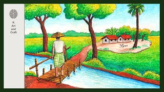 How to draw a bamboo bridge scenery  easy draw village foot bridge scenery