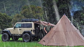 HOT TENT Camping in SEVERE RAIN  [ Relax in warm and cosy Tepee with fire place | Car | ASMR ]