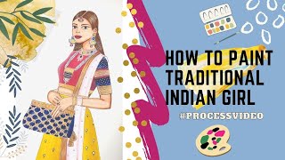 Traditional Indian Girl Painting||Indian Girl In lehnga painting||Ethnic Girl Painting illustration