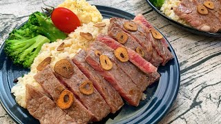 サラリーマンが出勤前に作る朝ごはん【登録者10万人記念ステーキ】
