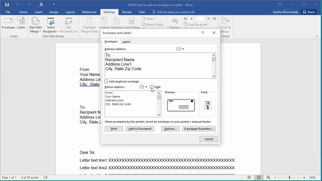 print an envelope in word 2013