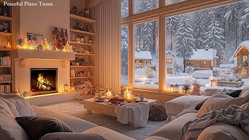 Snowfall at Cozy Winter Cabin Ambience ❄️ Slow Piano Music & Fireplace Sounds for Relaxation