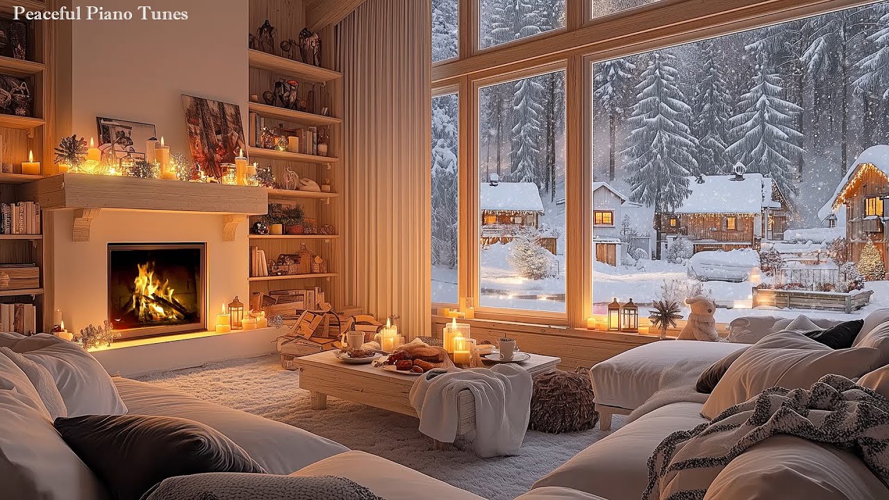 Snowfall at Cozy Winter Cabin Ambience ️ Slow Piano Music & Fireplace ...