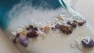 Surfboard wall art with Epoxy Resin, LeRez pigments and shells/ Demo