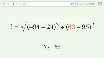 Find the distance between two points p1 (24,95) and p2 (-94,63): Step-by-Step Video Solution