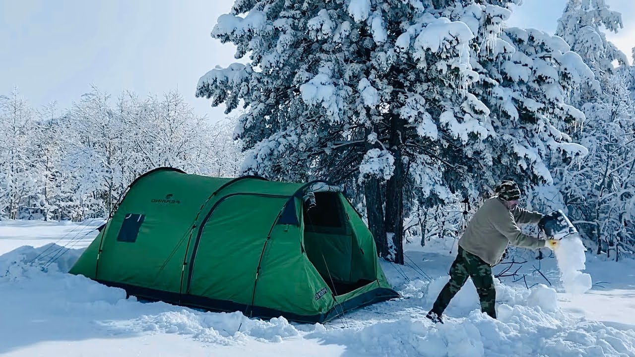 22°C Hot Tent Winter Camping in a Snowstorm Heavy Snowfall Wood