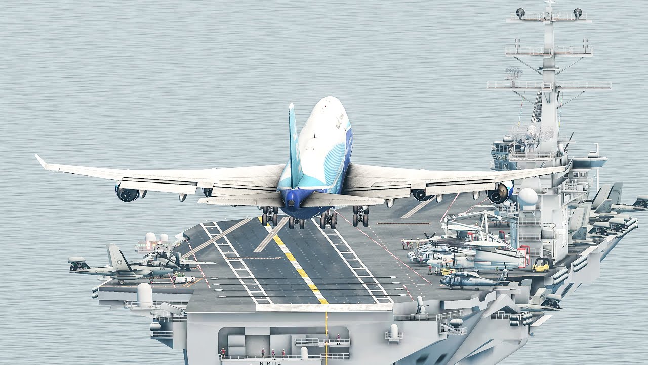 Brave Inexperienced Pilot Landing A Boeing 747 On An Aircraft Carrier