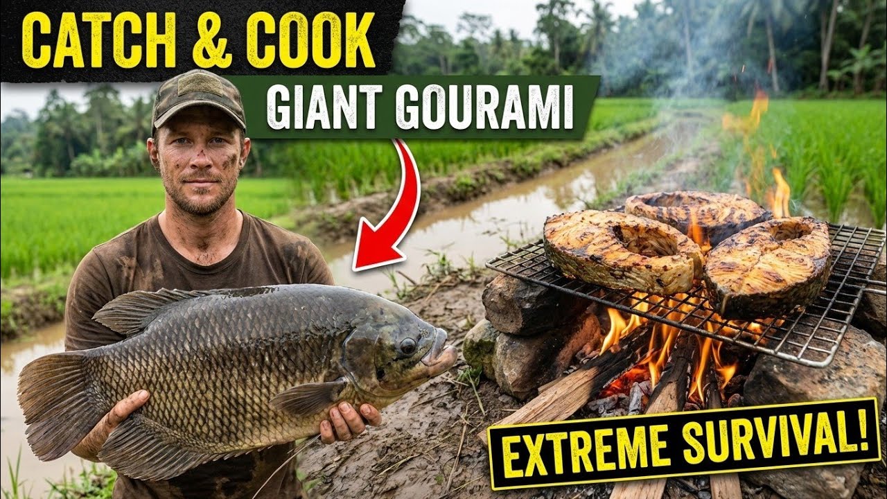 Primitive Cooking Giant Gourami in Rice Fields | Extreme Survival ASMR No Talking