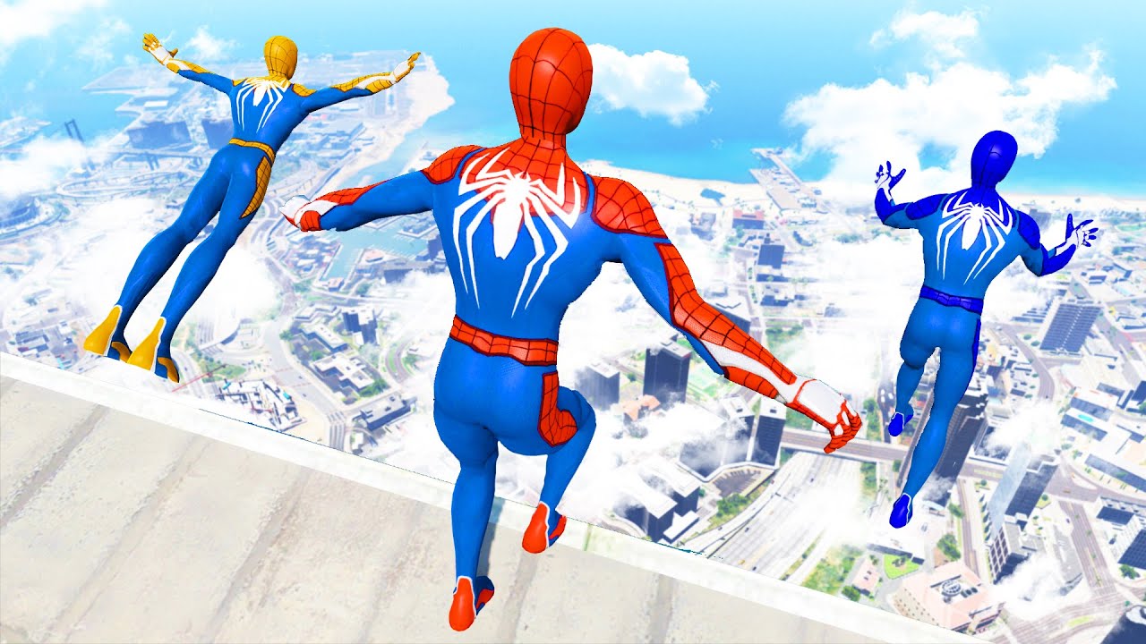 GTA 5 Rainbow Spiderman Jumping Off Highest Buildings (Euphoria Physics ...