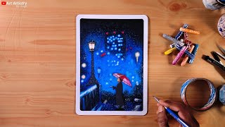 Rainy Night Cityscape with Street Lights | Oil Pastels Drawing Tutorial step by step - Art Artistry