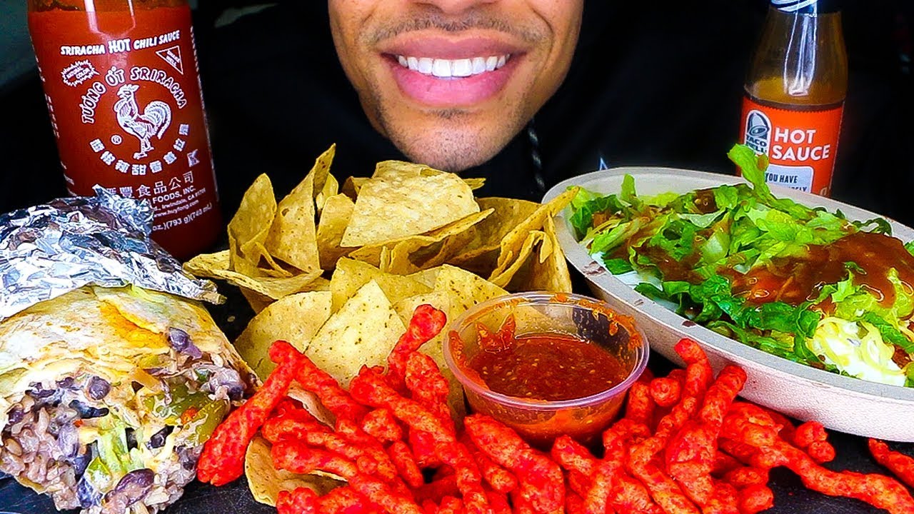 ASMR CHIPOTLE MUKBANG HOT CHEETOS BURRITO GUACAMOLE VEGGIE BOWL CHIPS SALSA JERRY EATING NO TALKING