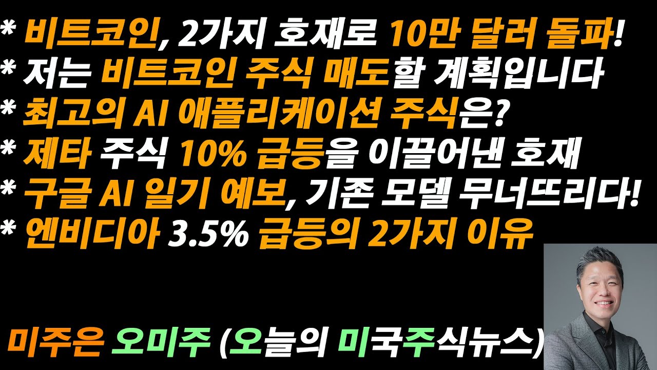 [오늘의 미국주식뉴스] 비트코인 주식을 매도하는 이유 / 최고의 AI 애플리케이션 주식은? / 제타 주식 10% 급등을 이끌어낸 호재  / 엔비디아 급등의 2가지 이유