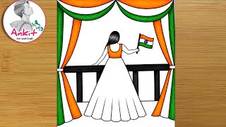 Independence day drawing 15 august drawing for competition girl in traditional dress drawing