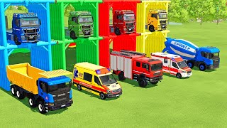 TRANSPORTING MIXER TRUCK, FIRE TRUCK, FIRE DEPARTEMENT, FORD POLICE, AMBULANCE WITH TRUCKS ! FS22