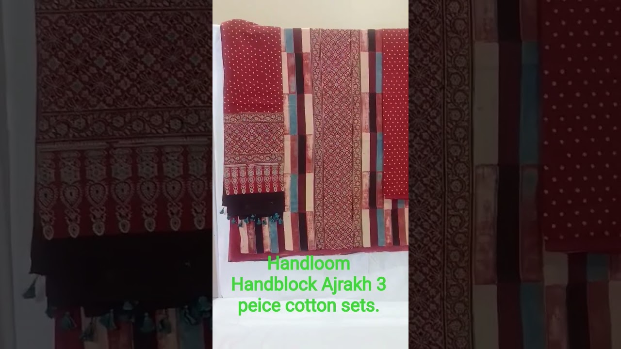 pure Handloom handblock ajrakh cotton 3 piece suit sets.. premium quality.Bookings - 8433932015.