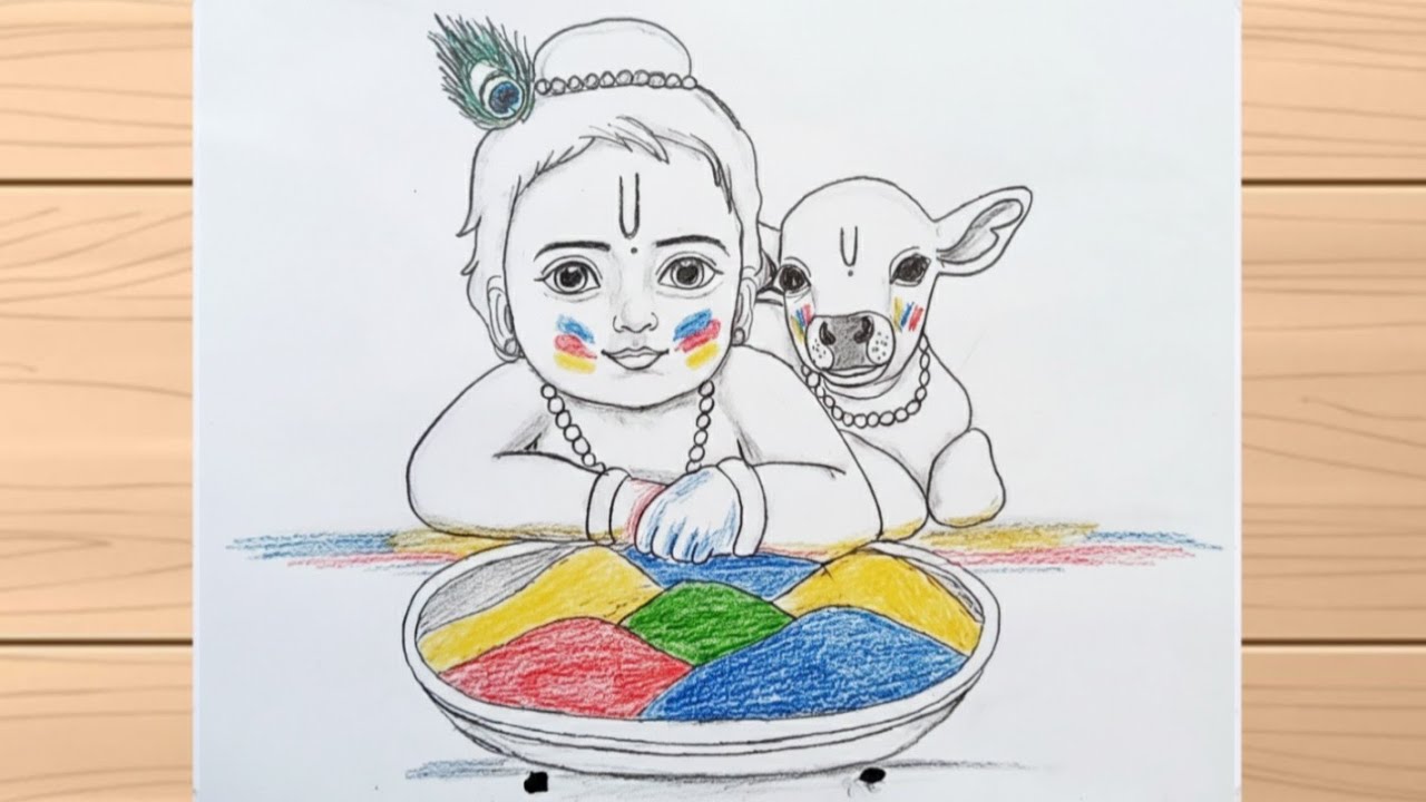 Holi Krishna Drawing easy | Bal Krishna with Colors chitra | Happy Holi Drawing 