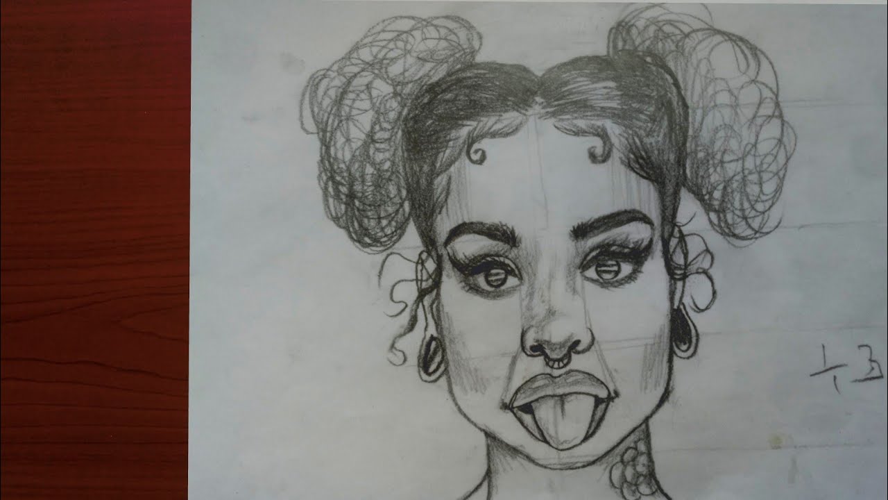 black girl face sketching , how to draw ear tunnel step by step , black women hairstyle drawing