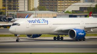 World2Fly Airbus A350-900 taking off from Lisbon Airport LPPT
