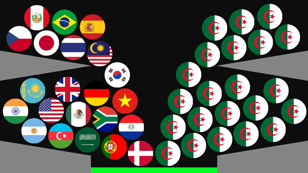 ALL 25 Countries VS 25 ALGERIA Flags - Marble Race in Algodoo - Who Will Win ?