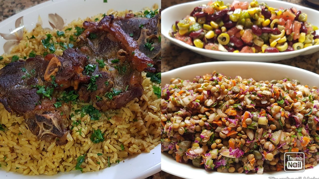 الروز باللحم محمر بحال الكبسة و سلطة العدس و سلطة اللوبية بالخضر يصلاحو للوليدات للمدرسة