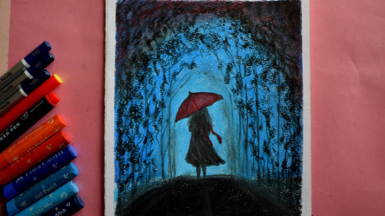 Easy Oil Pastel Drawing For Beginners Lonely Girl Walking In A Forest