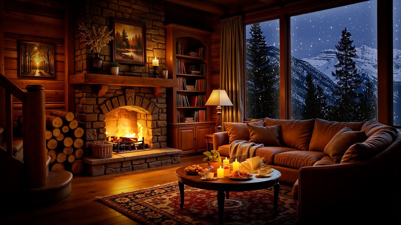 Cozy Winter Cabin Ambience ❄️ Relaxing Jazz, Fireplace and Blizzard Sounds to Unwind