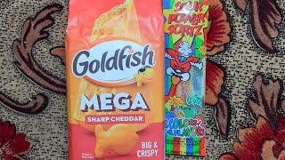 Goldfish Mega Sharp Cheddar Sour Power Straws Green Apple,Strawberry Flavour Sandwich Crackers 