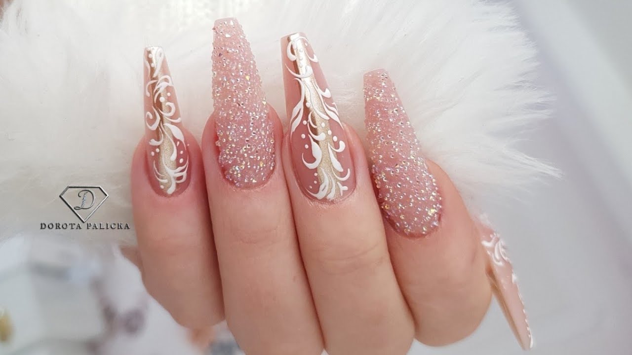 Swarovski crystals pixie application. Coffin shape nails infill with fiber  gel. Nail art tutorial 