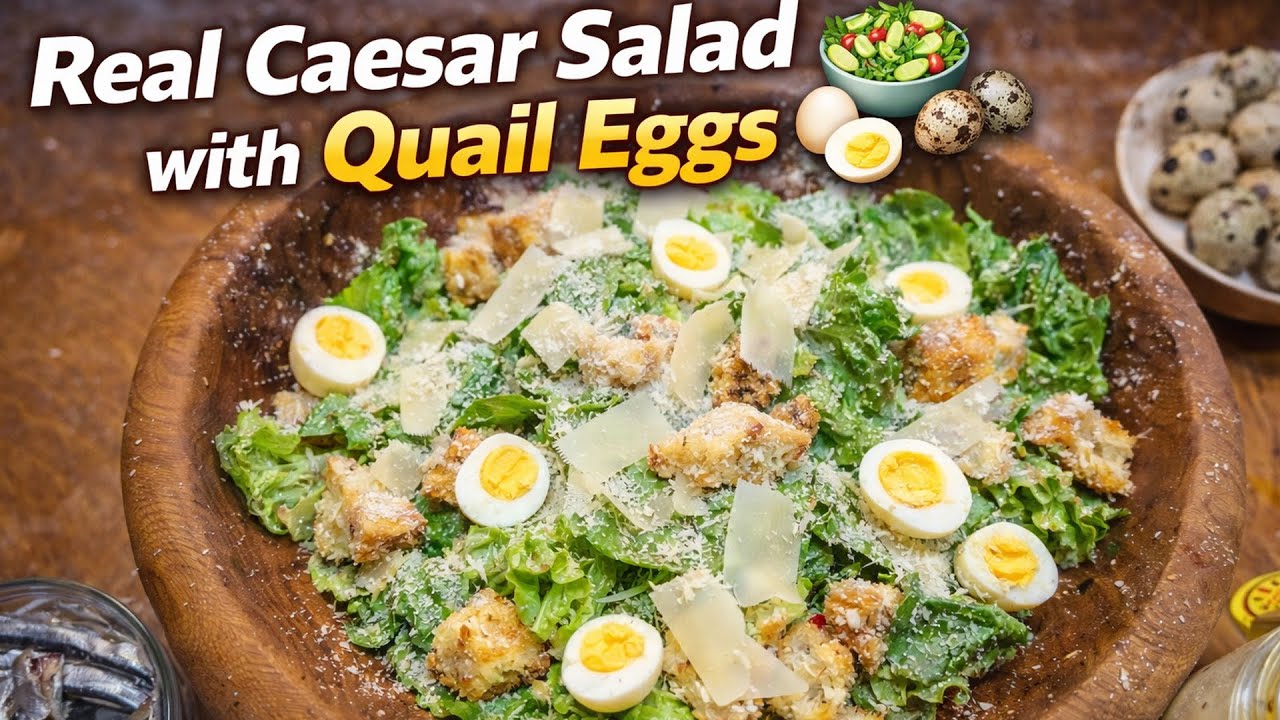 Настоящий салат Цезарь с перепелиными яйцами 🥗🥚 | Оригинальная заправка из анчоусов