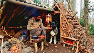 Caught in a Storm  Building Bushcraft Survival Shelter  Camping in Heavy Rain, Cooking