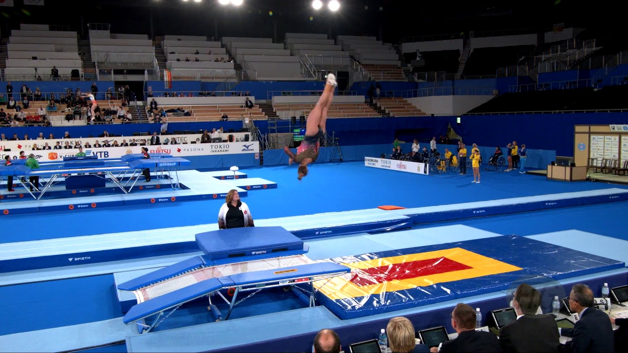Youtube video: ROUX Laurence (CAN) W - 2019 Trampoline Worlds, Tokyo (JPN) - Qualification Double Mini R1