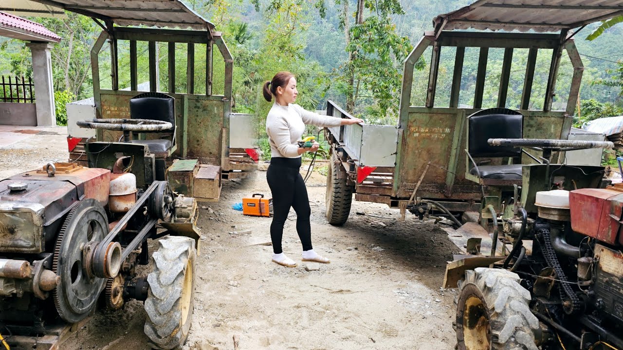 The girl is in the process of restoring the machine to new condition.- repair girl