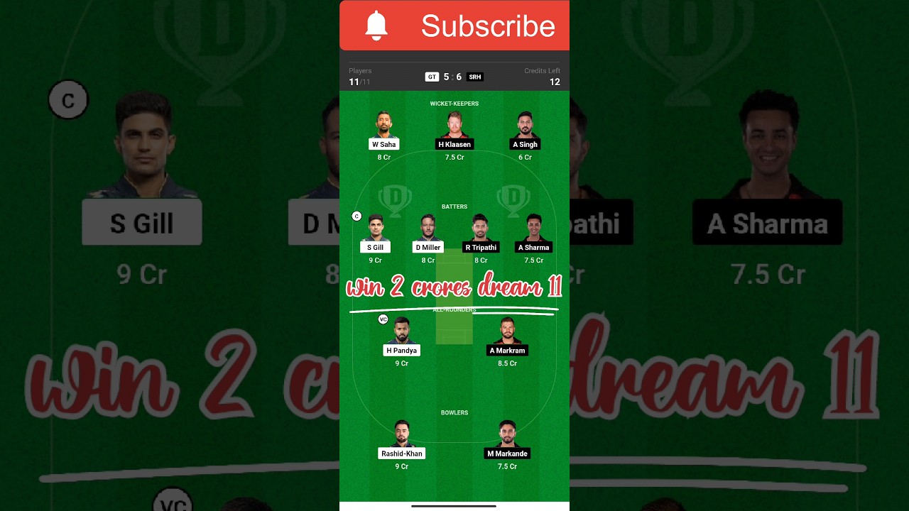 GT vs SRH Dream11 GL team prediction | win 2 crores💸🤑| 