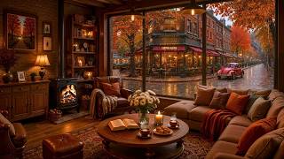 Enchanting Rainy Autumn Café 🍂 Soft Jazz Piano, Rain Sounds & Cozy Fireplace for Peaceful Evenings screenshot 2