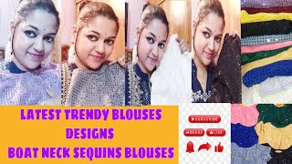 WEDDING MUST HAVE DESIGNER BLOUSE DESIGN !BOATNECK BLOUSEDESIGNER SEQUINS BOWBLOUSEBACKNECK DESIGN