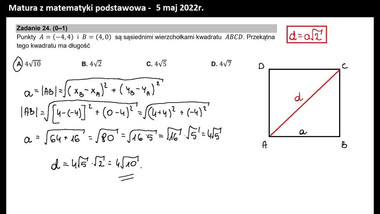 Zad 24. Geometria analityczna. Długość odcinka. Przekątna kwadratu