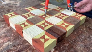 Woodturning  A Carpenter Created a Wooden Plate with a Colorful 3D Cube Illusion Design