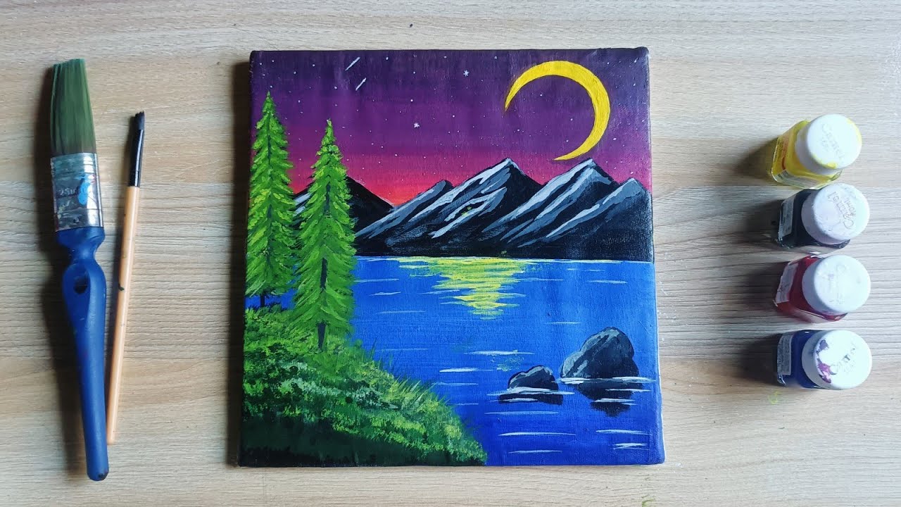Easy Moonlight Mountain Scenery Painting Tutorial: Acrylic painting For beginners step by step
