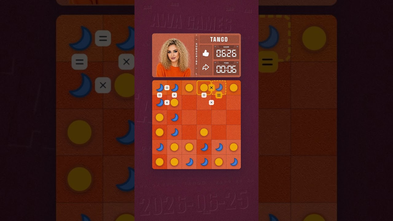 LinkedIn Tango #626 solved board for June 25, 2026, 6x6 grid