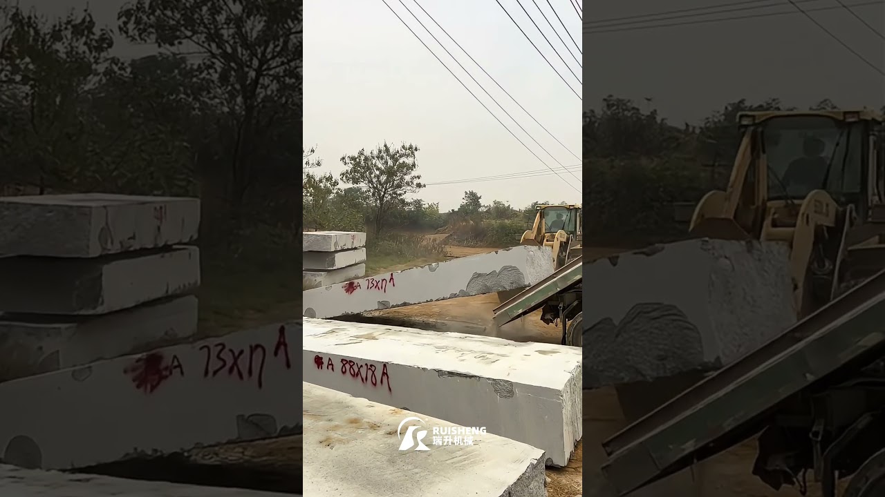 Cutting big granite blocks by double blade mining machine, size 8300*1700*600mm