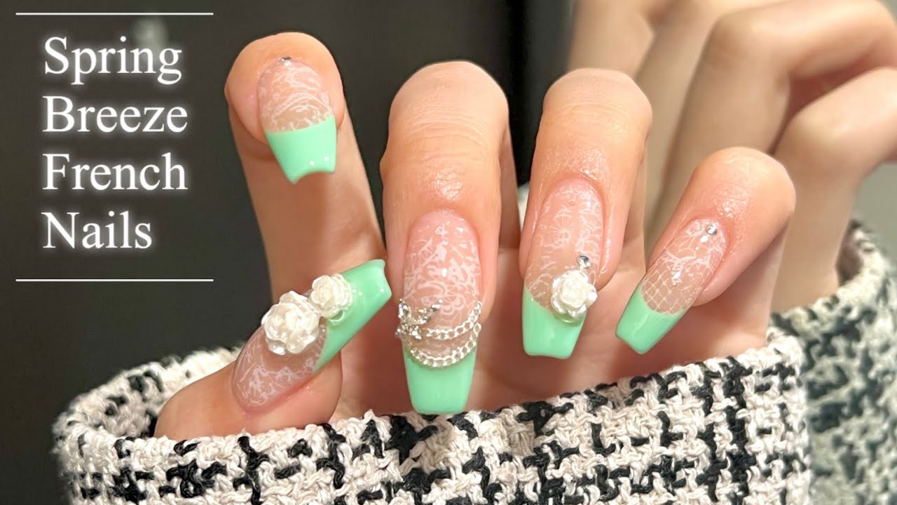 【セルフネイル】ピスタチオ×レース🌿爽やか春風フレンチネイル🫧/ジェルネイル