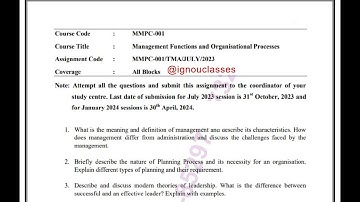 IGNOU MMPC-001 Solved Assignment July 2023 Jan 2024 [FREE] PDF || IGNOU MBA || Management Functions