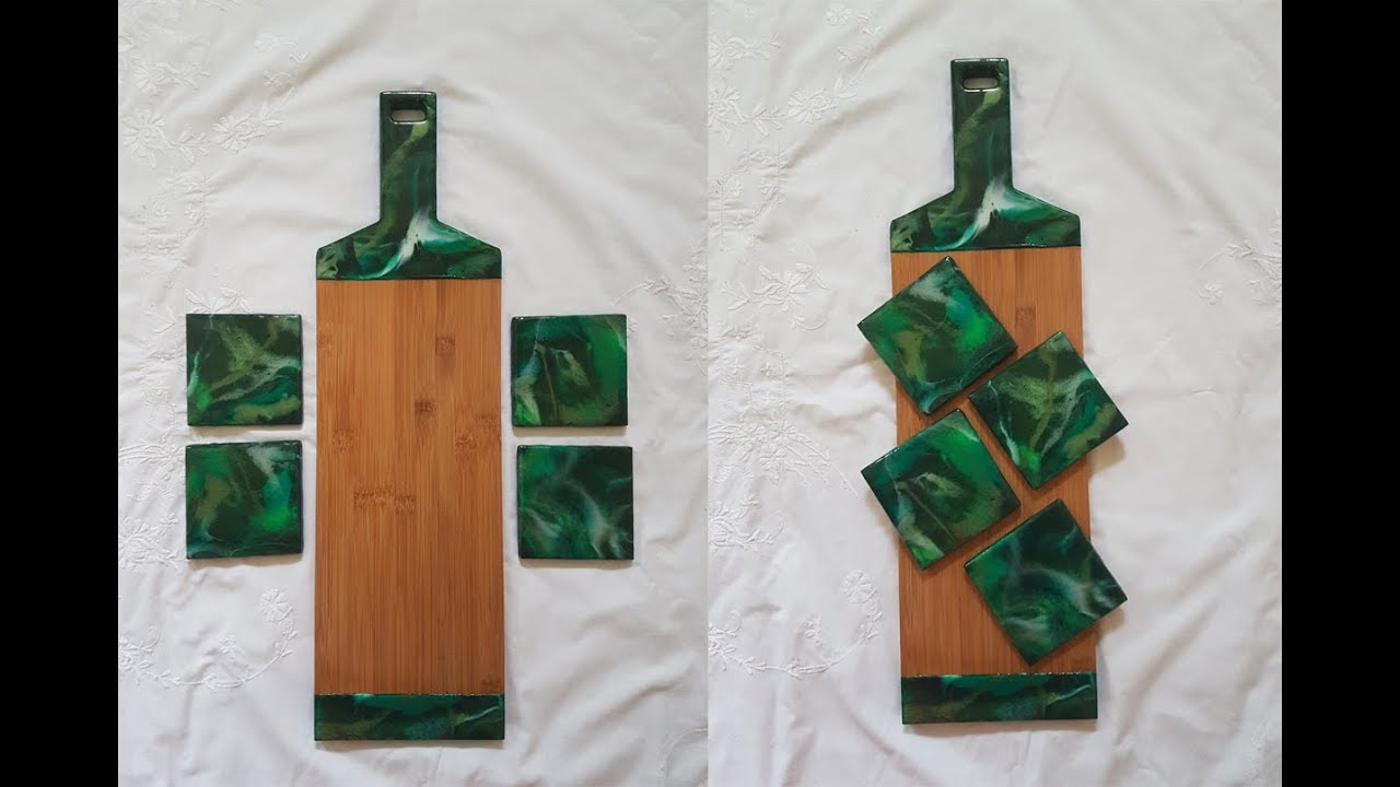 [14] Green resin serving board and matching coaster set. Including tips on when to take the tape off