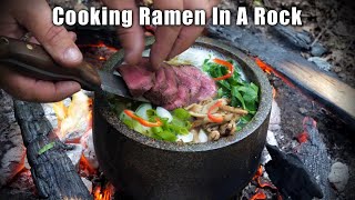 Cooking Ramen in a Stone Bowl over a Camp Fire