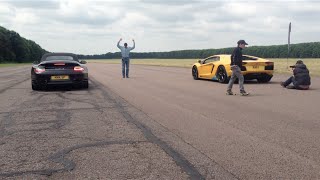 Lamborghini Aventador vs Porsche Turbo S 0-200mph sprint!