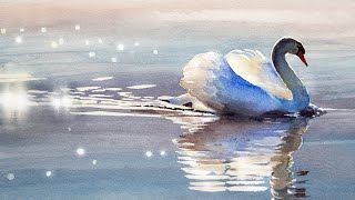 Watercolor painting of a swan in dreamy backlight