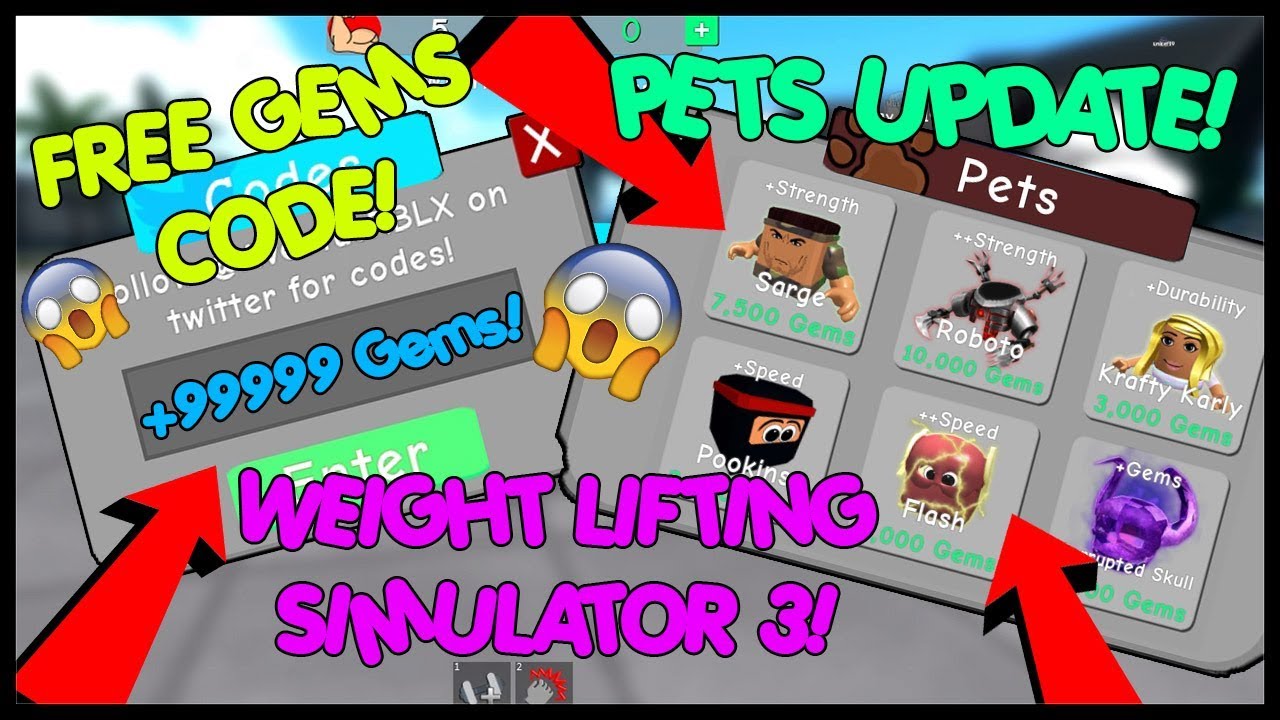 Pets Update Weight Lifting Simulator 3 Free Gems Codes Roblox Youtube - all working codes in roblox weight lifting simulator 4 youtube