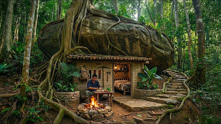 Build a Warm and Comfortable Wooden House Under a Large Rock. Bushcraft Survival