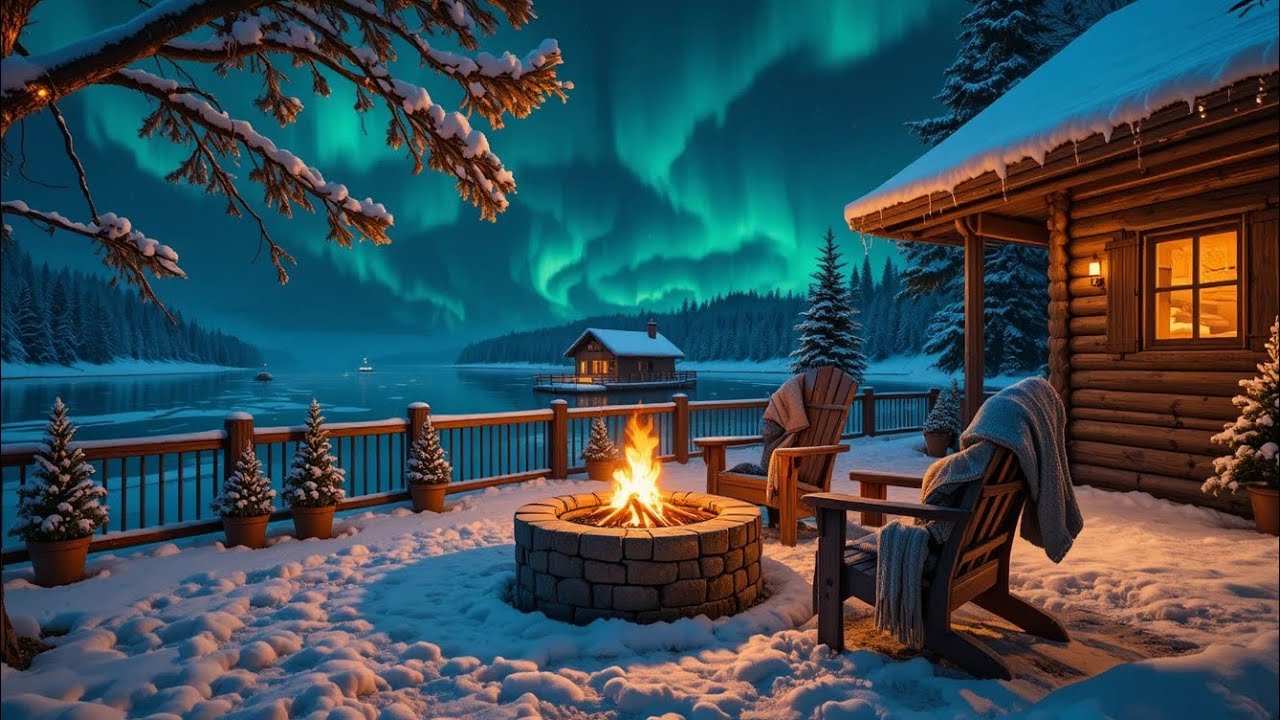 Northern Lights Winter Campfire ❄️🔥 Cozy Lake Cabin Ambience | Fire Sounds & Nature Relaxation