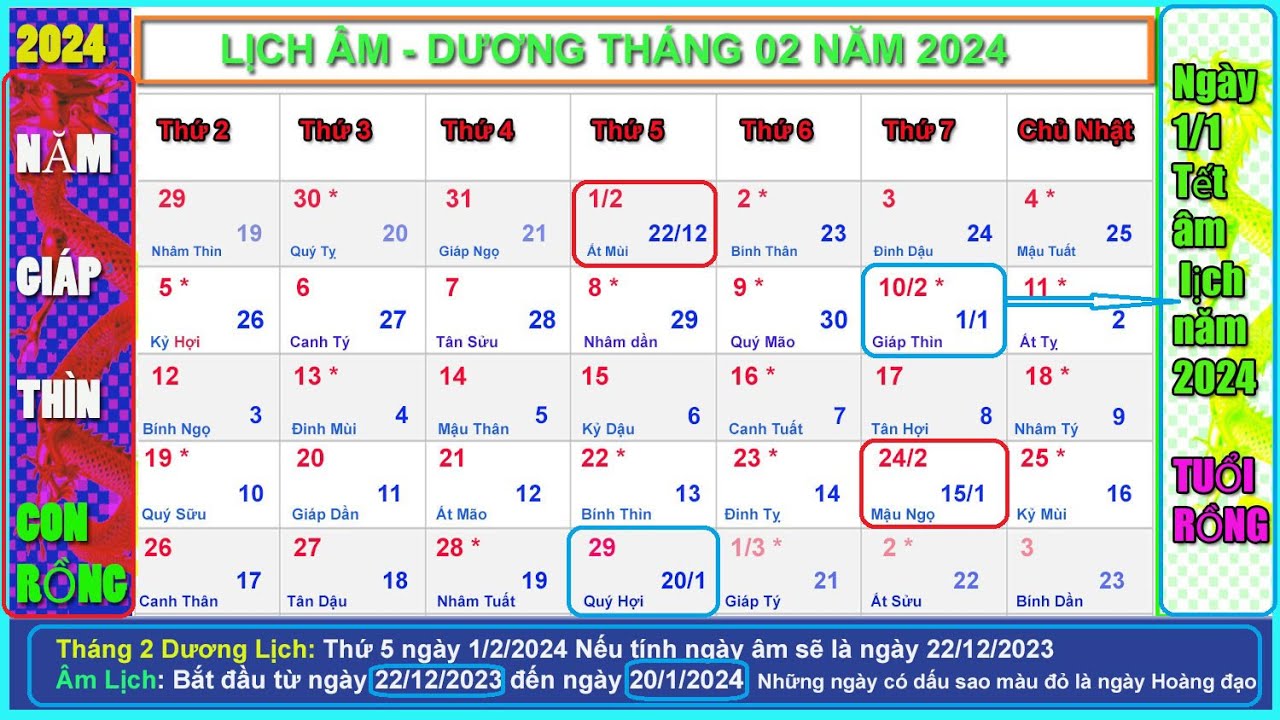 Lịch âm dương tháng 2 năm 2024 Lịch vạn niên tháng 2/2024, Năm Giáp